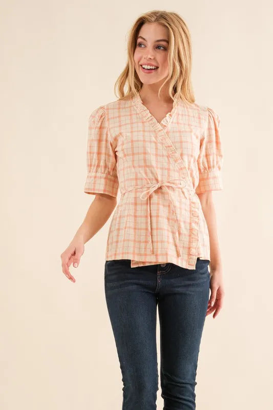 Fashion Sava | Plaid Wrap Blouse | Ruffled Elegance