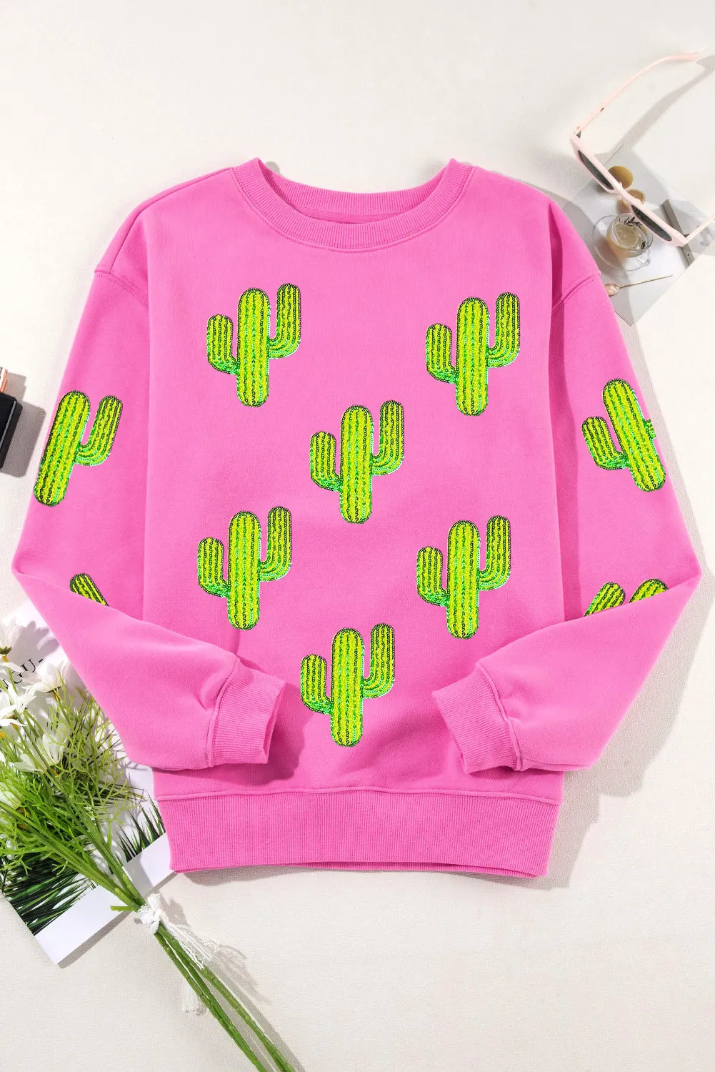 Sudadera de manga larga con lentejuelas y cactus