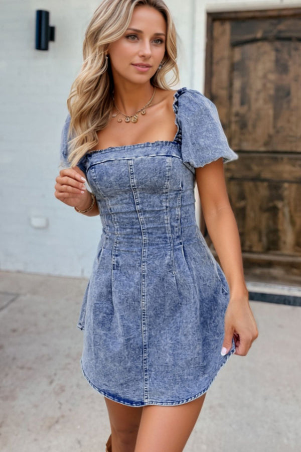 Fashion Sava | Square Neck Puff Sleeve Dress | Denim Trendy Style - Medium