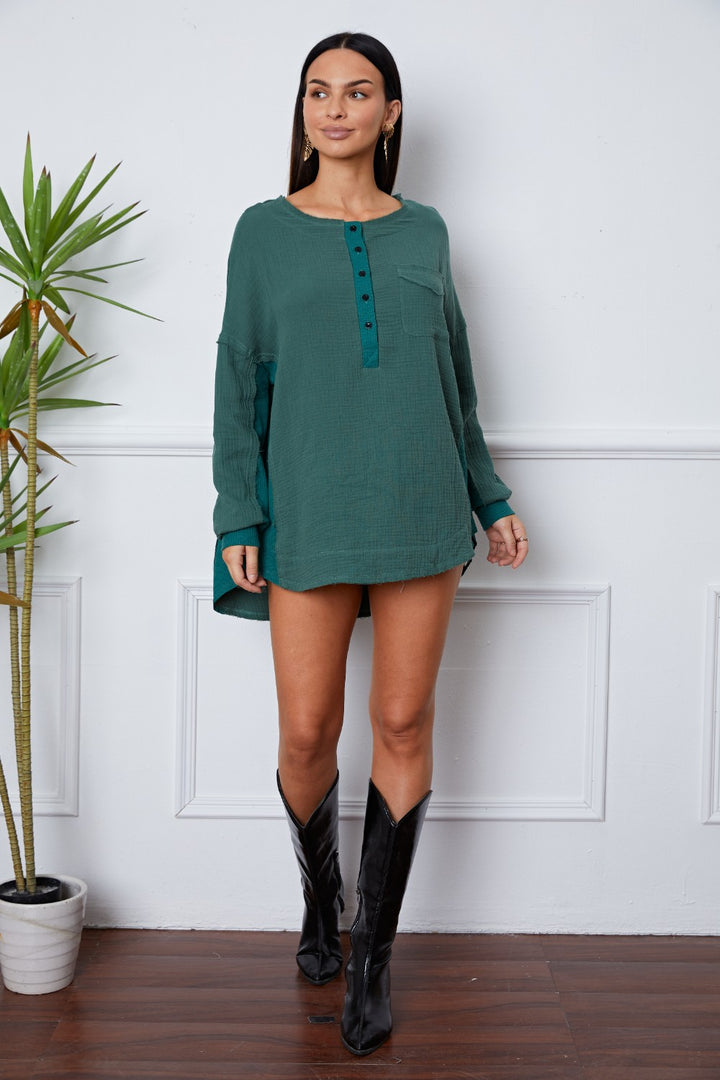 Fashion Sava | Round Neck Blouse | Half Button Up Elegance