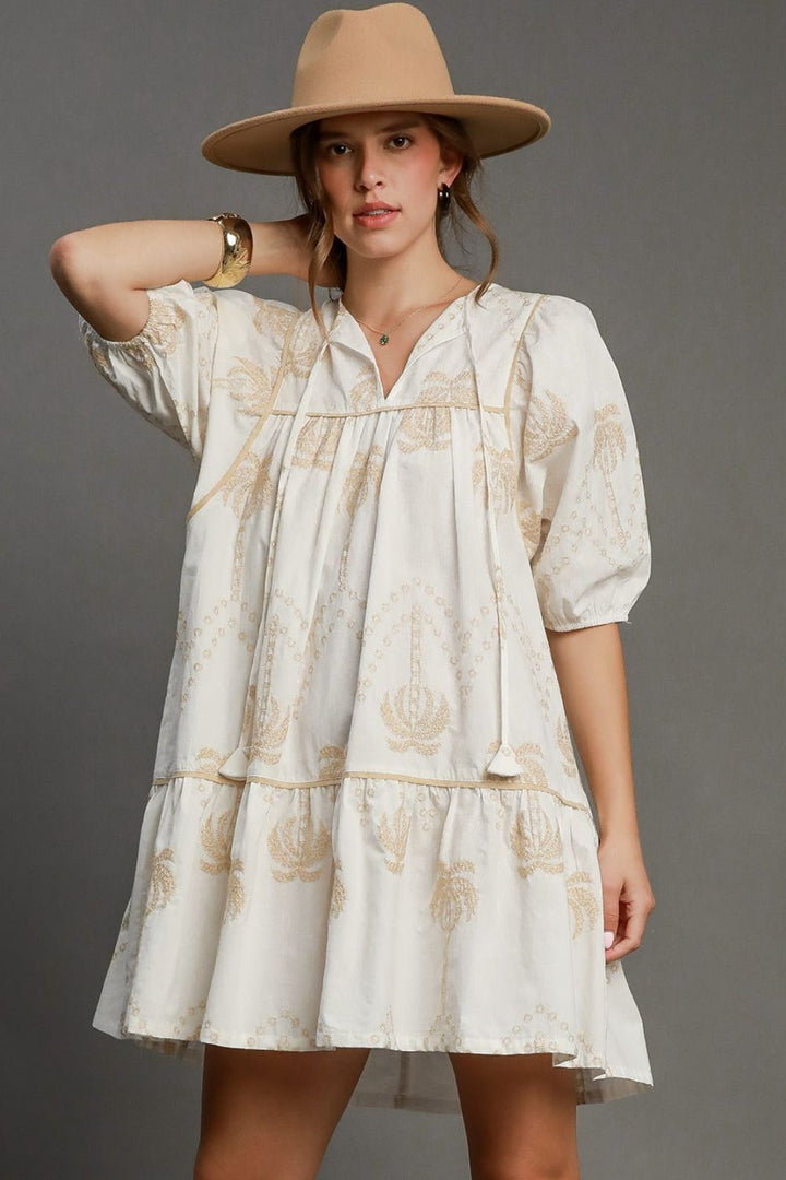 Fashion Sava | Embroidered Babydoll Dress | Puff Sleeve Elegance - Off white
