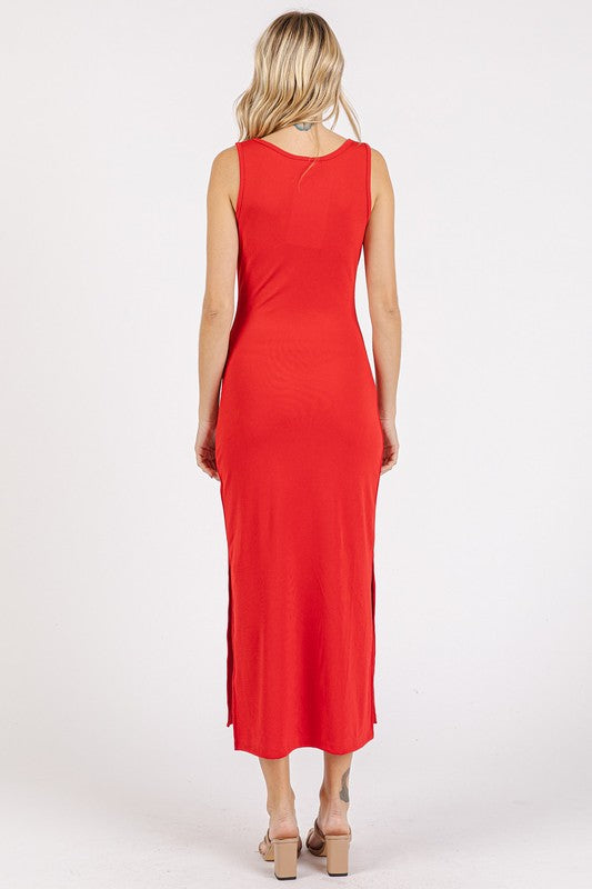 Fashion Sava | Midi Tank Dress | Side Slit Wide Strap Design - Red