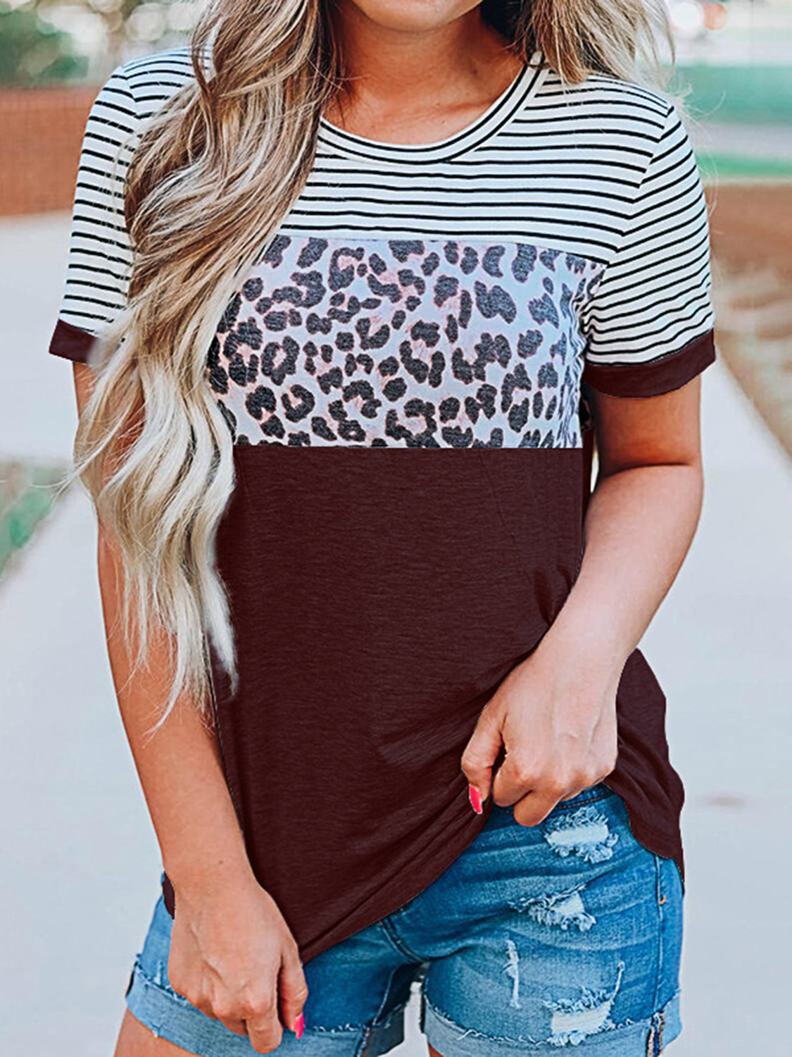 Full Size Striped Leopard Round Neck Short Sleeve T-Shirt