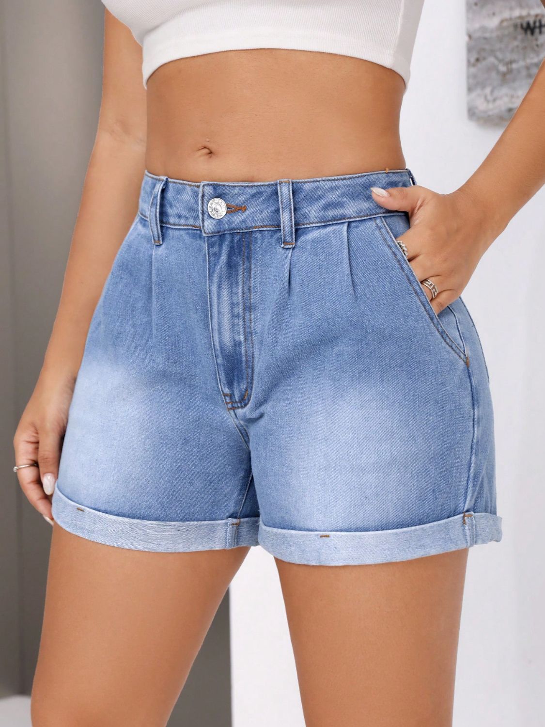 Fashion Sava | Denim Shorts | Rolled Hem Mid-Rise Waist