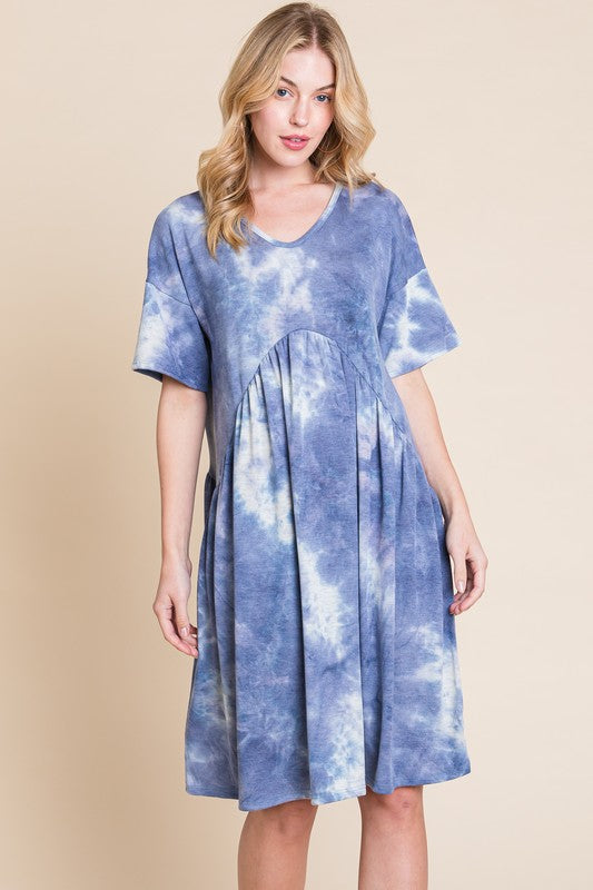 Fashion Sava | V-Neck Tie-Dye Dress | Chic Half Sleeve Style - Dusty Blue