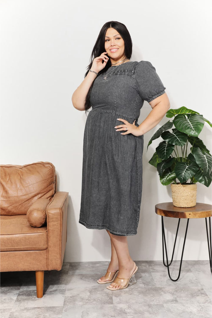 Fashion Sava | Chambray Midi Dress | Casual & Versatile Wear - Dark Gray