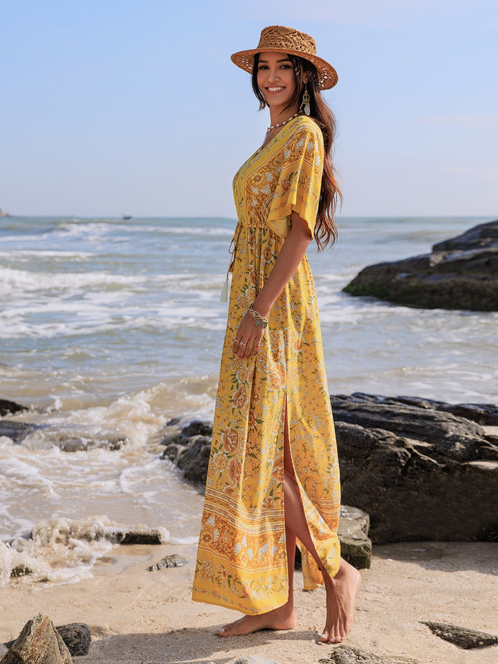 Fashion Sava | Plunge Half Sleeve Dress | Drawstring & Printed Design - Gold