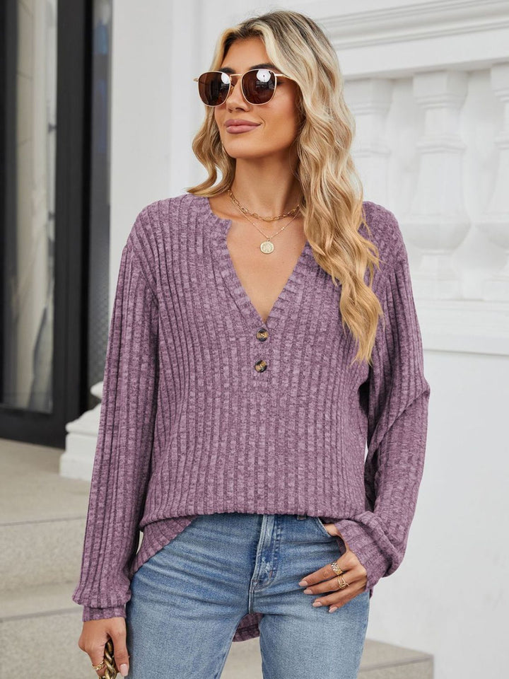 Fashion Sava | Ribbed Notched T-Shirt | Versatile Long Sleeve Top