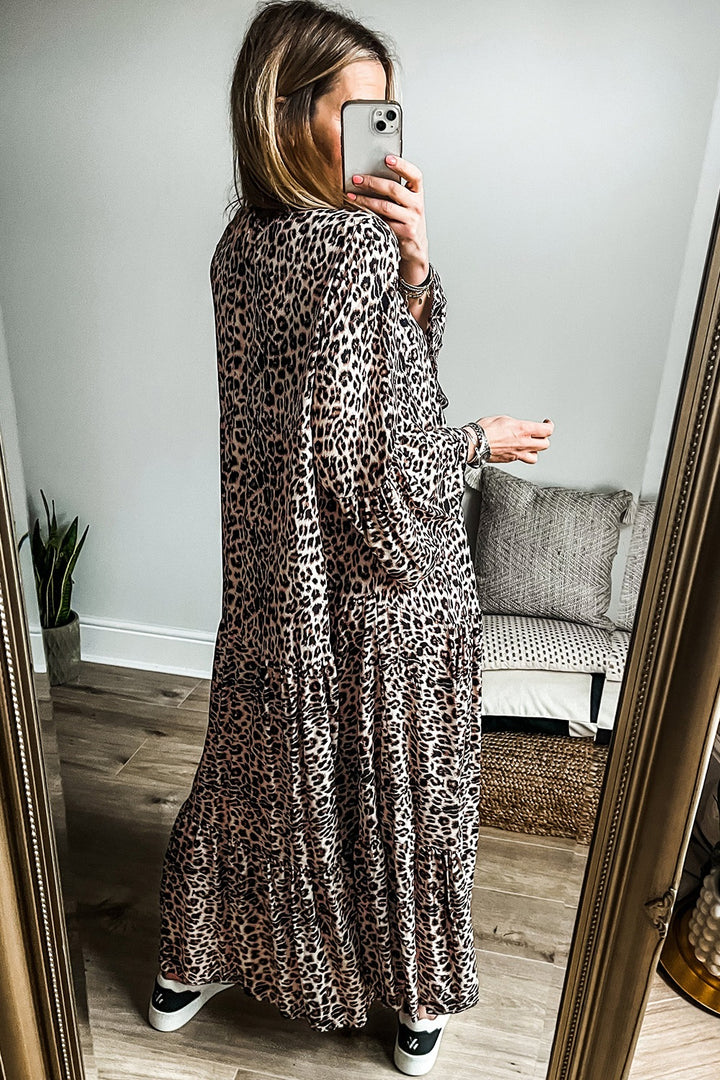 Fashion Sava | Notched Long Sleeve Maxi Dress | Trendy Leopard Print - Leopard