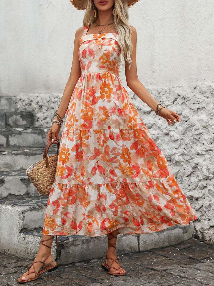 Fashion Sava | Crisscross Midi Dress | Square Neck Elegance - Orange