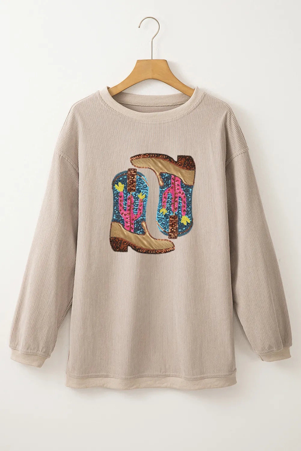 Full Size Sequin Boots Round Neck Long Sleeve Sweatshirt