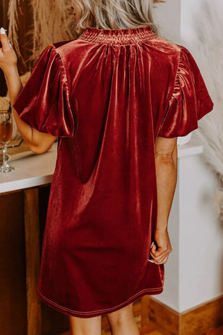 Fashion Sava | Velvet Tie Neck Mini Dress | Elegant Short Sleeve Design - Burgundy