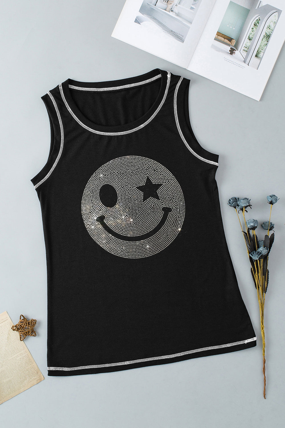 Fashion Sava | Smile Face Tank | Rhinestone Embellished