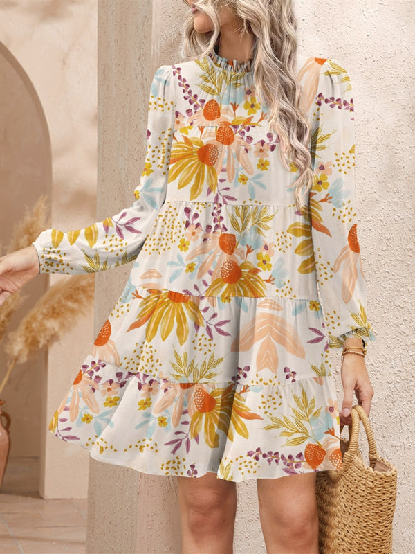 Fashion Sava | Tiered Mini Dress | Long Sleeve Print - Tangerine