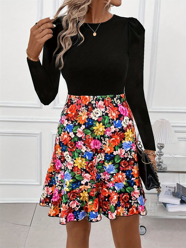 Fashion Sava | Round Neck Floral Dress | Long Sleeve Style - Black