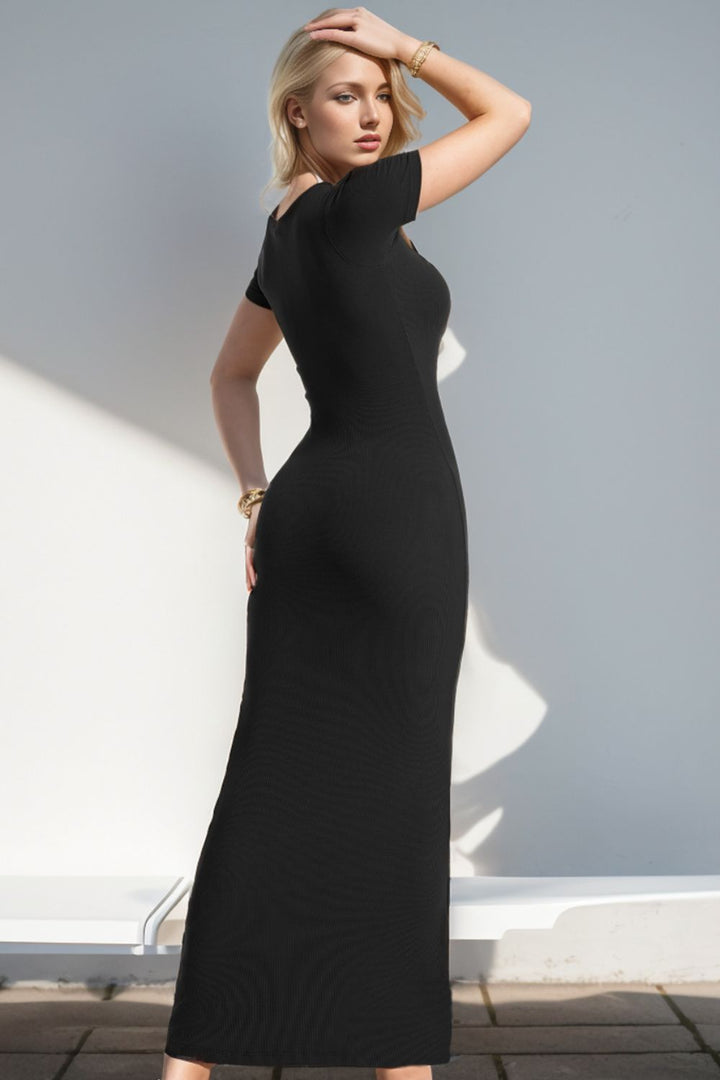 Fashion Sava | Shapewear Maxi Dress | Square Neck Elegance - Black