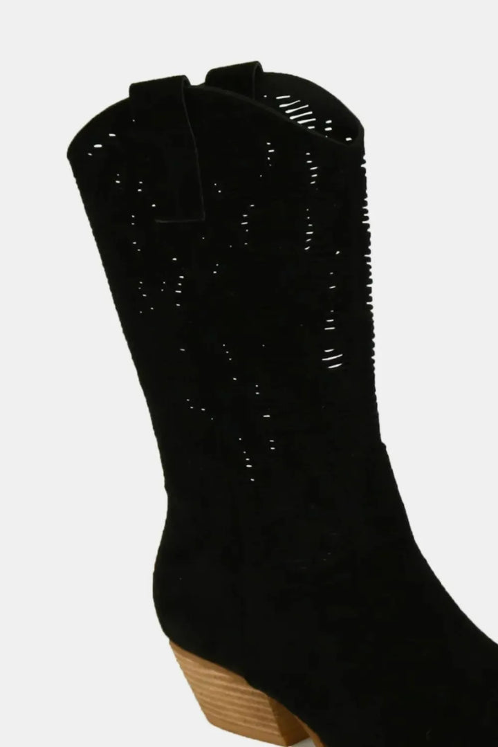 Fashion Sava | Block Heel Boots | Faux Suede Laser Cut Detail