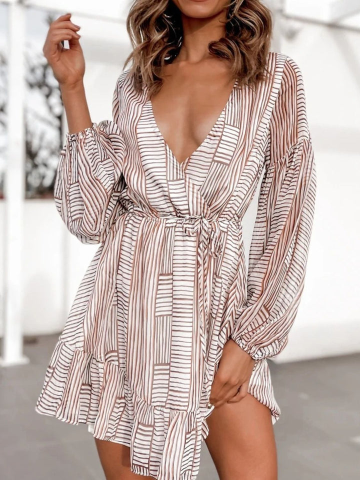 Fashion Sava | Surplice Long Sleeve Dress | Back Cutout Design - Camel