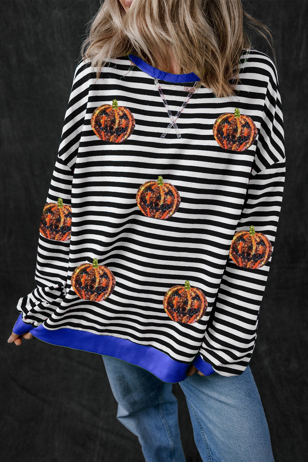 Sudadera de manga larga con cuello redondo y rayas de calabaza