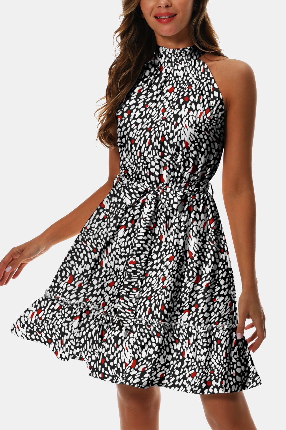 Printed Tie Waist Frill Trim Dress