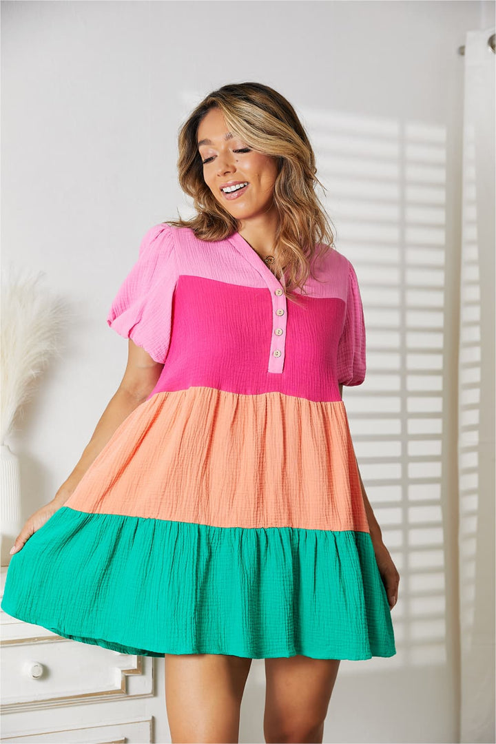 Fashion Sava | Color Block Puff Sleeve Dress | Buttoned Design - Multicolor