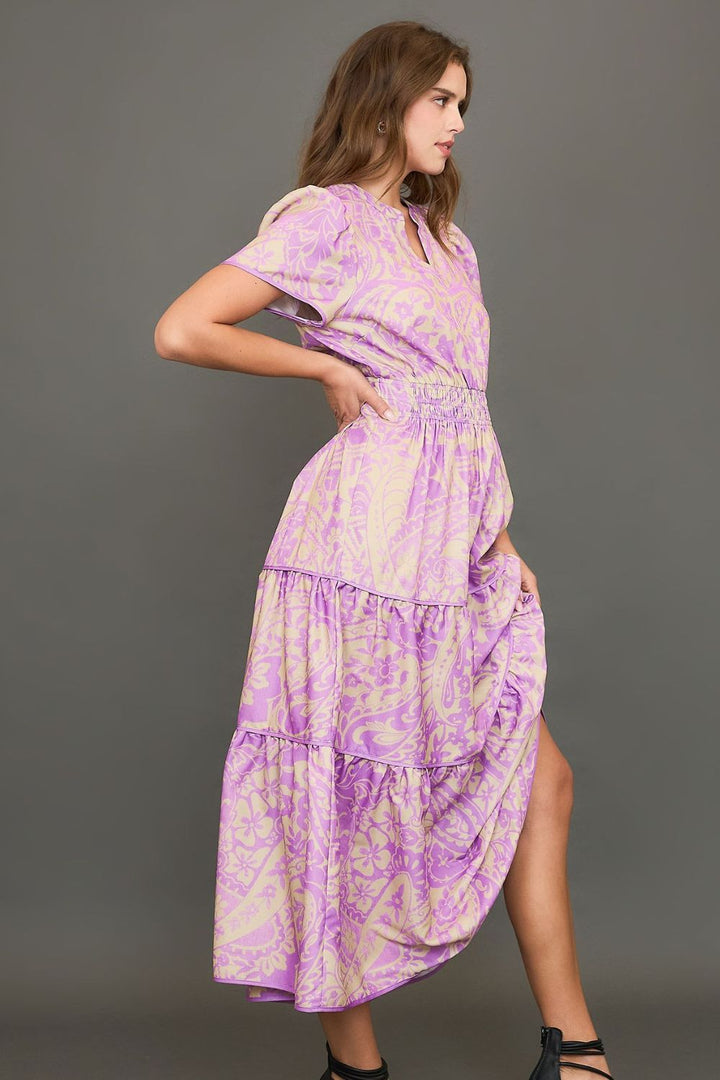 Fashion Sava | Umgee Printed Notched Tiered Dress | Plus Size - Heliotrope Purple