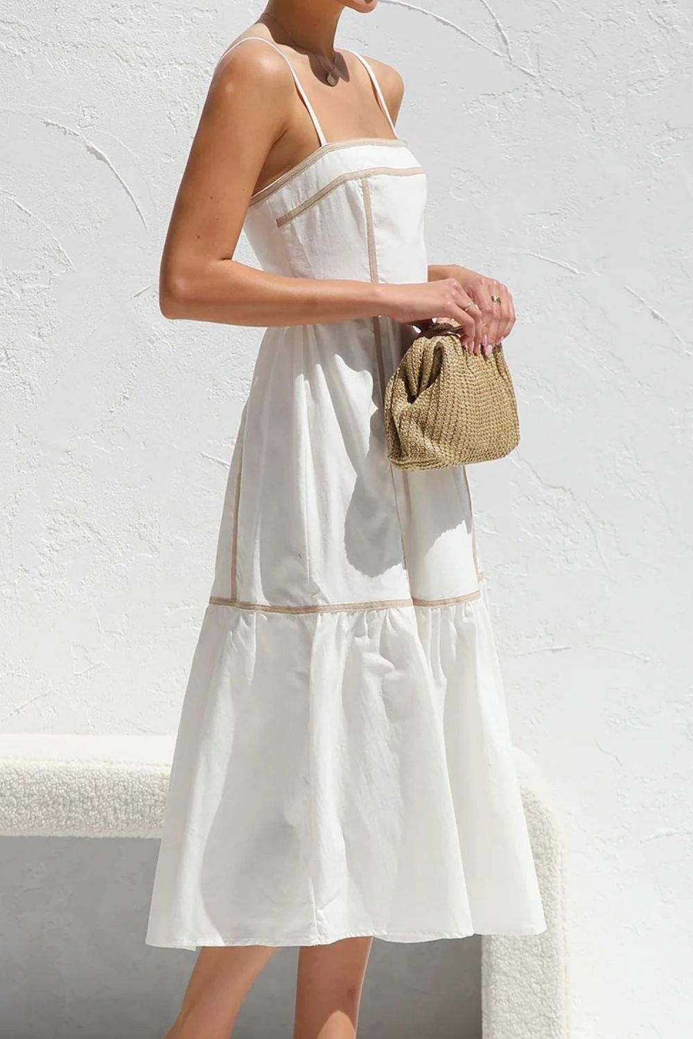 Fashion Sava | Square Neck Midi Cami Dress | Contrast Trim Style - White
