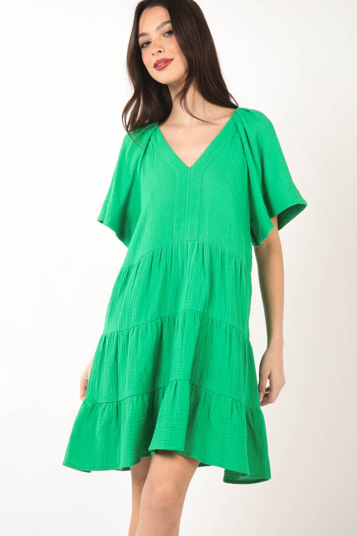 Fashion Sava | V-Neck Ruffled Tiered Dress | Textured Elegance - Green