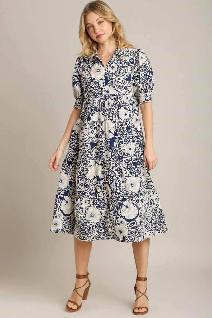 Fashion Sava | Umgee Printed Puff Sleeve Midi Dress | Smocked Cuff Style - Dark Blue