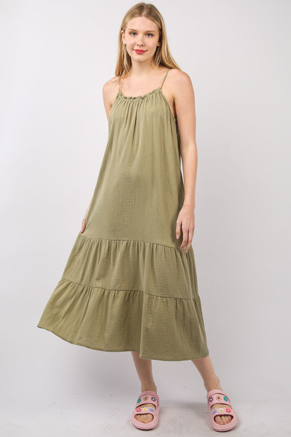 Fashion Sava | Ruffled A-Line Midi Dress | Elegant Cami Style - Earth