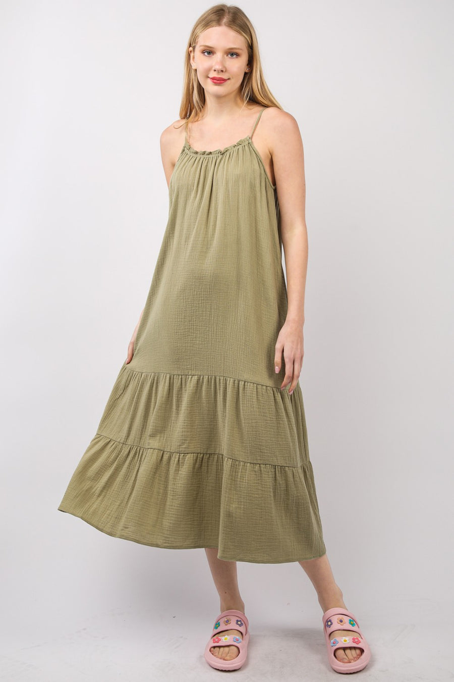 Fashion Sava | Ruffled A-Line Midi Dress | Elegant Cami Style - Earth