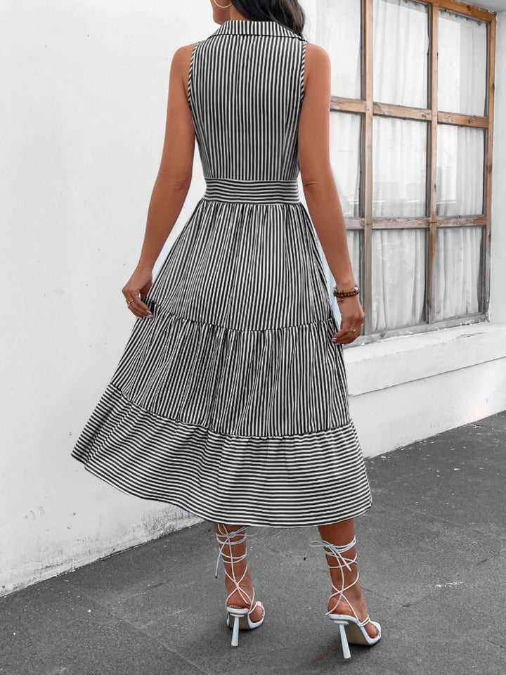 Fashion Sava | Sleeveless Midi Dress | Striped Johnny Collar Style - Black