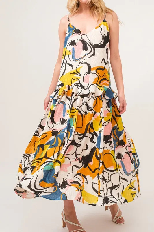 Fashion Sava | Ruffled Midi Cami Dress | Abstract Floral Print