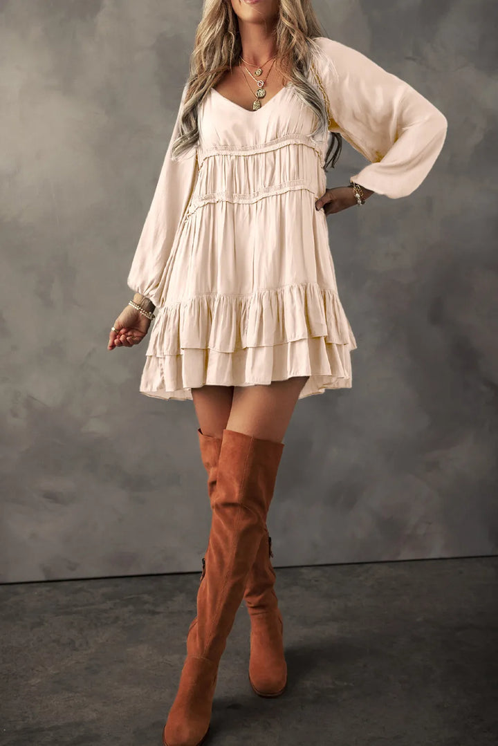 Fashion Sava | Frill Ruffle Mini Dress | Elegant V-Neck Style - Eggshell