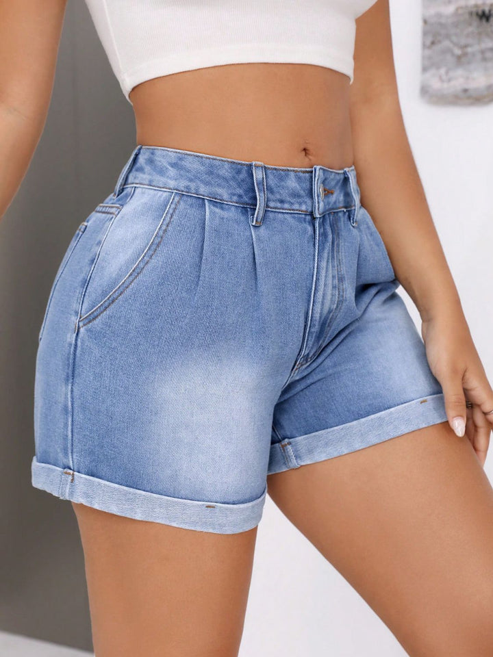 Fashion Sava | Denim Shorts | Rolled Hem Mid-Rise Waist